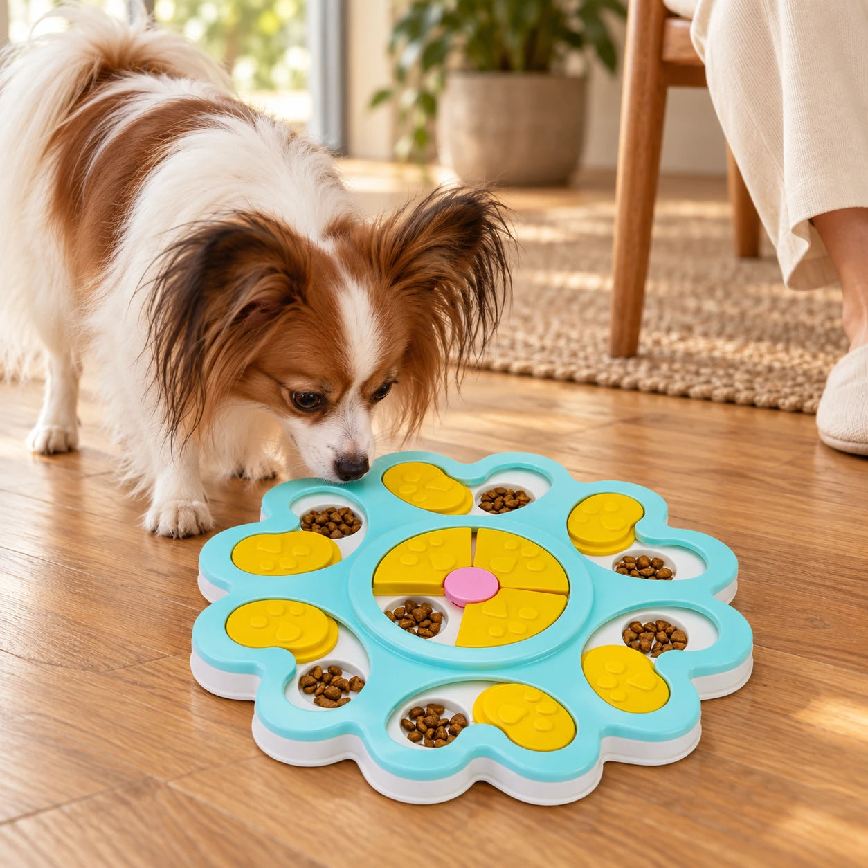 Papillon sniffing the flower puzzle with an owner nearby