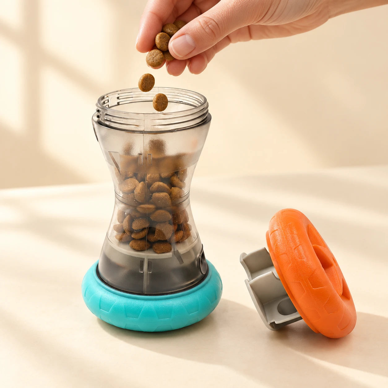 Open removable end and a hand adding dry treats to the rolling dispenser