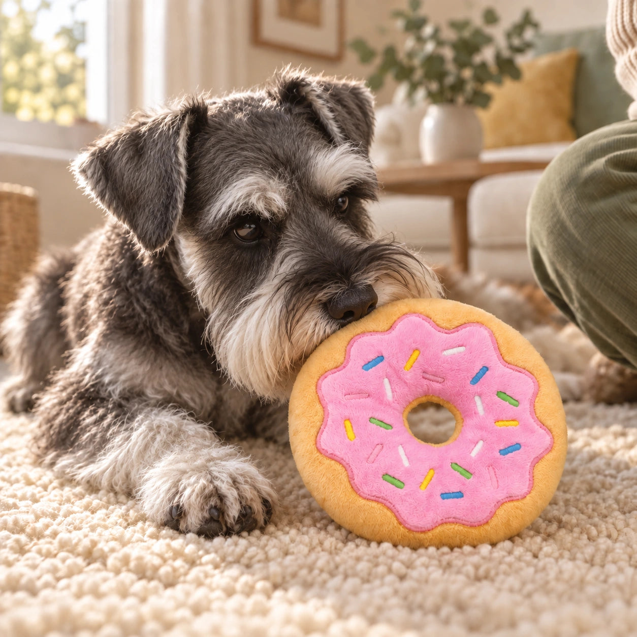 Miniature schnauzer gently investigating the pink plush donut with its owner nearby