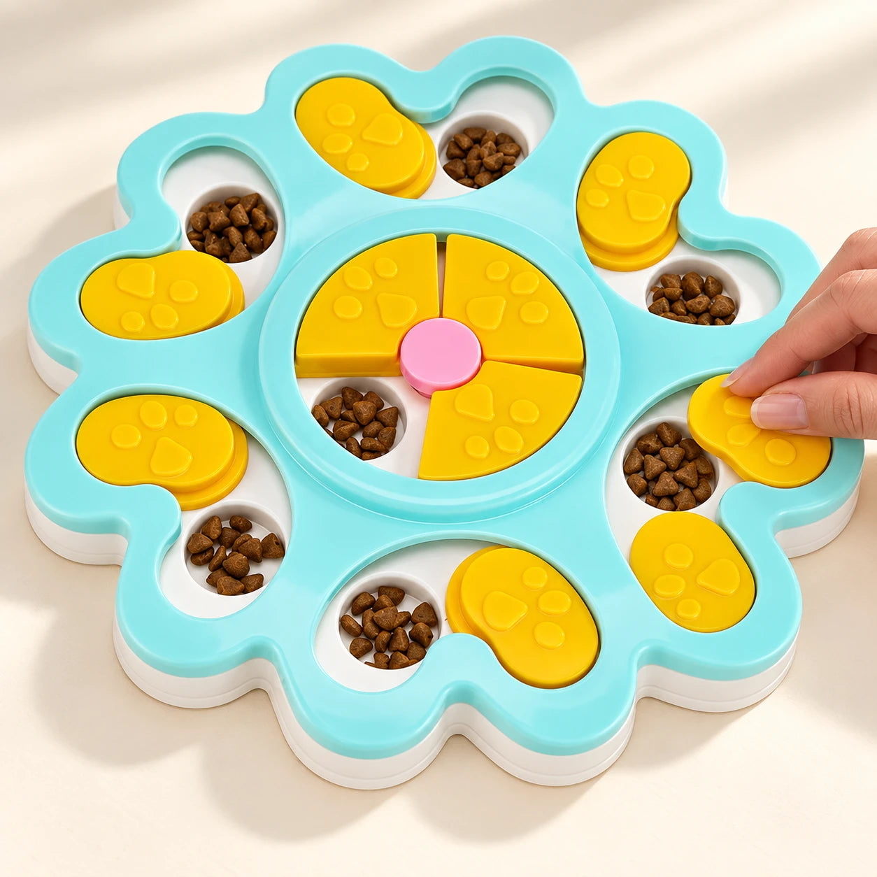 Hand demonstrating the flower puzzle sliding cover