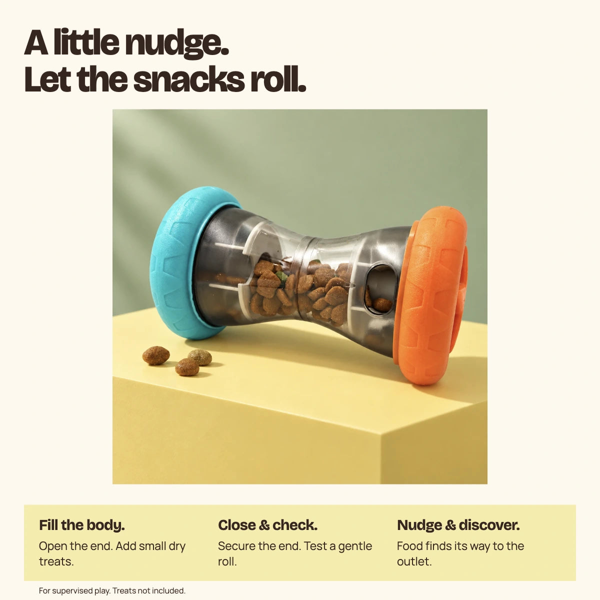 Infographic showing food reservoir, outlet and soft TPE wheels