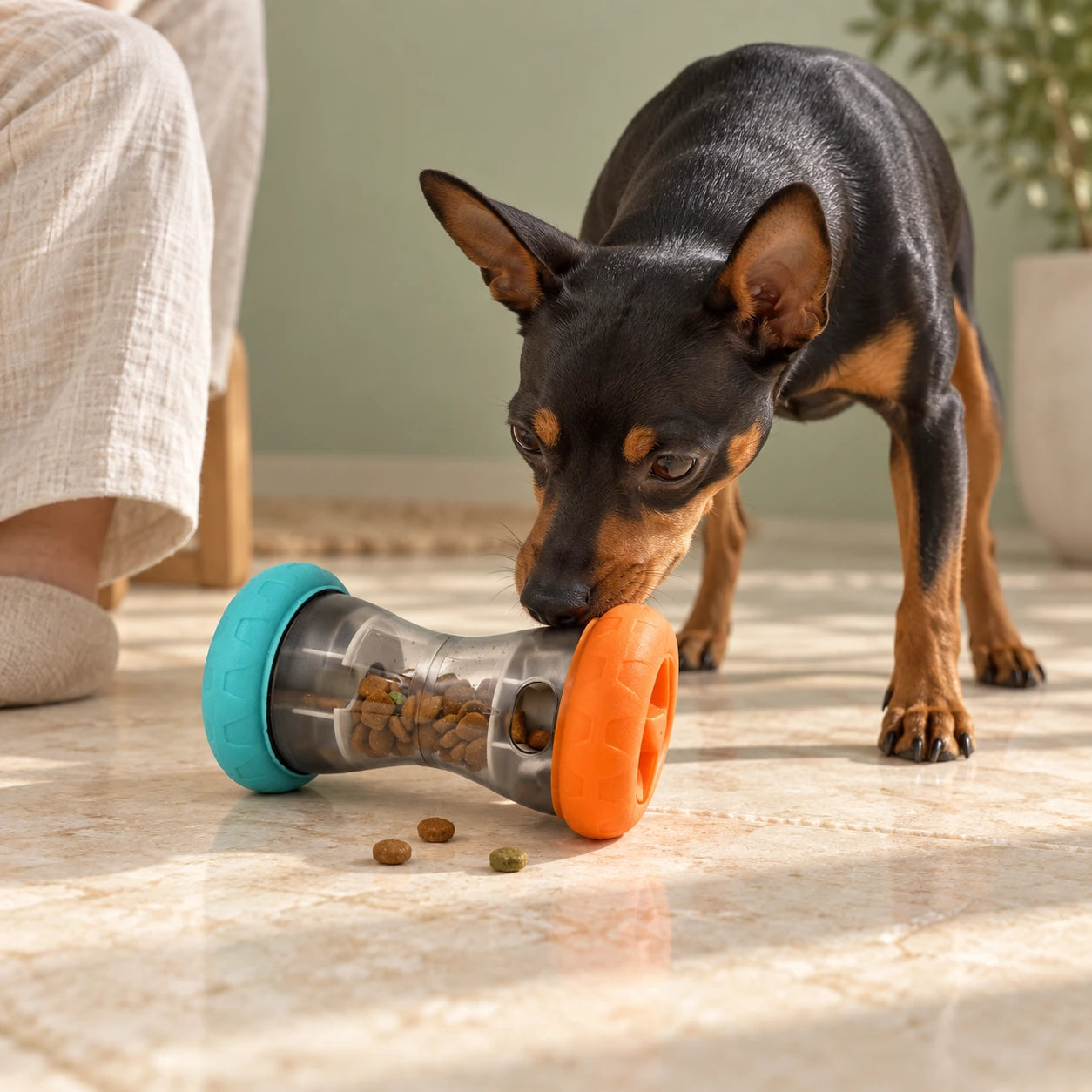 Miniature pinscher nudging a rolling treat dispenser
